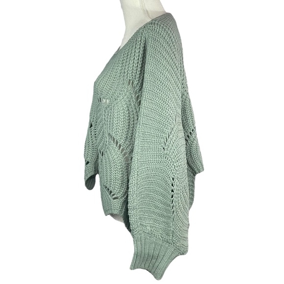 Scalloped Pointelle Batwing Sweater L Dolman Sage Green Open Knit Oversized Top - Picture 4 of 10